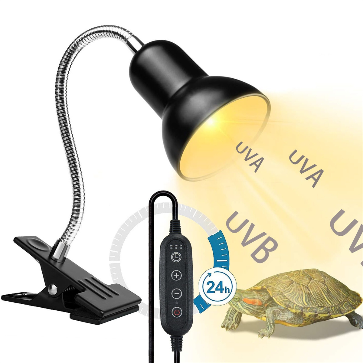 Schwarze Lampe mit verstellbarem Hals und eine Schildkröte. Bedienelemente für Lichtintensität, UVA/UVB und Timer.