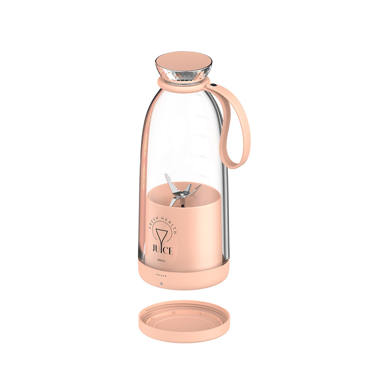 Rosa persönlicher Mixer mit einem durchsichtigen Glasbehälter und einem rosa Sockel und Griff.