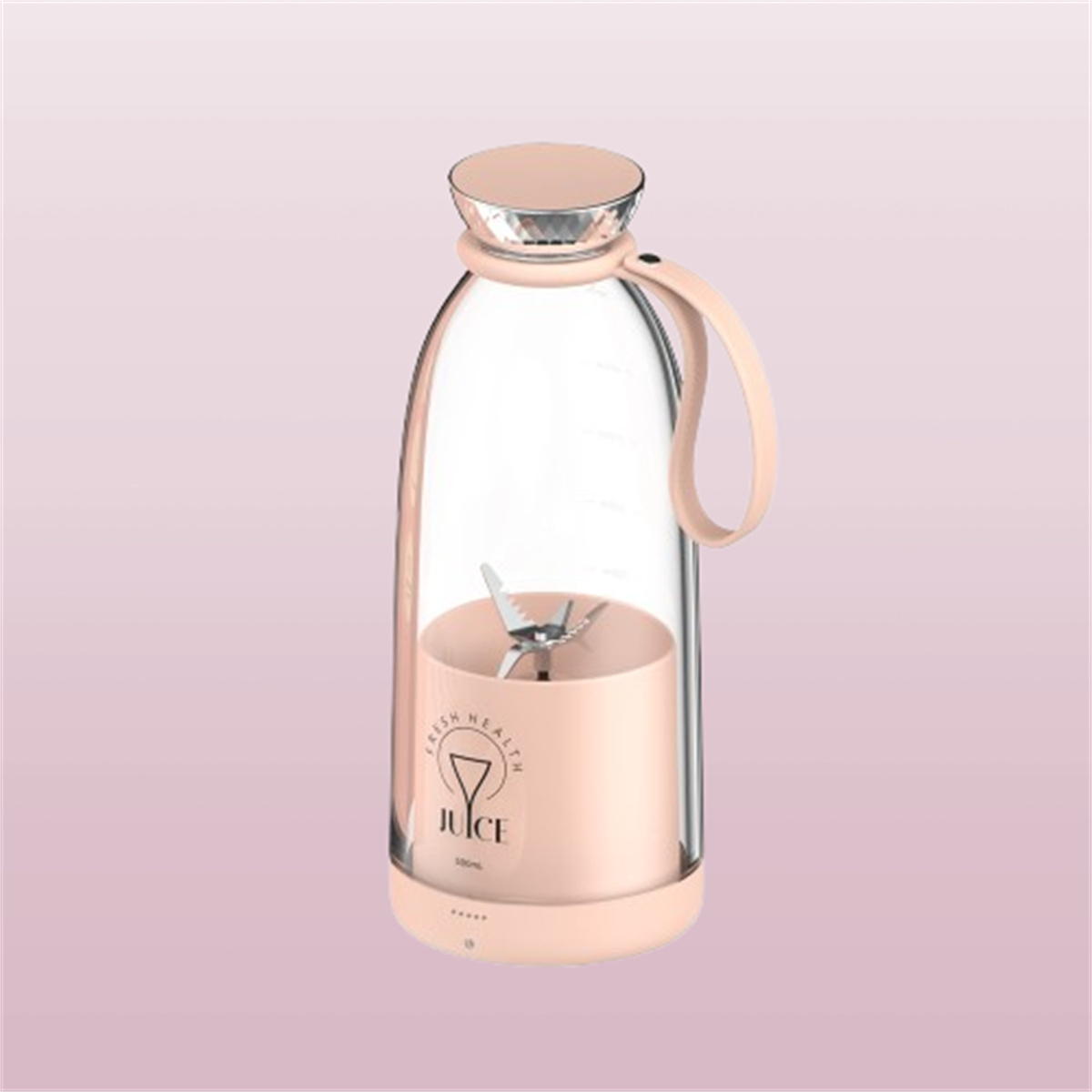 Rosa Blenderflasche mit Griff auf rosa Farbverlaufhintergrund.
