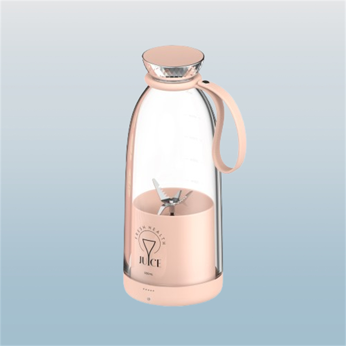 Eine rosa und transparente Mixflasche mit Griff und Klinge.