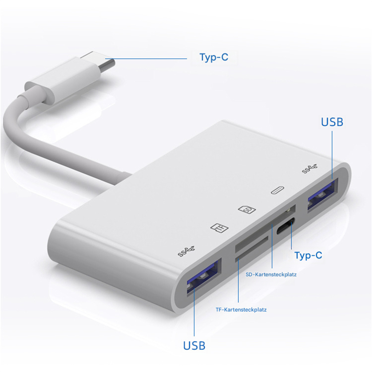 Weißer USB-Hub mit mehreren Anschlüssen: USB, Typ-C, SD- und TF-Kartensteckplätze. Ein weißes Kabel verbindet sich mit einem Typ-C-Anschluss.