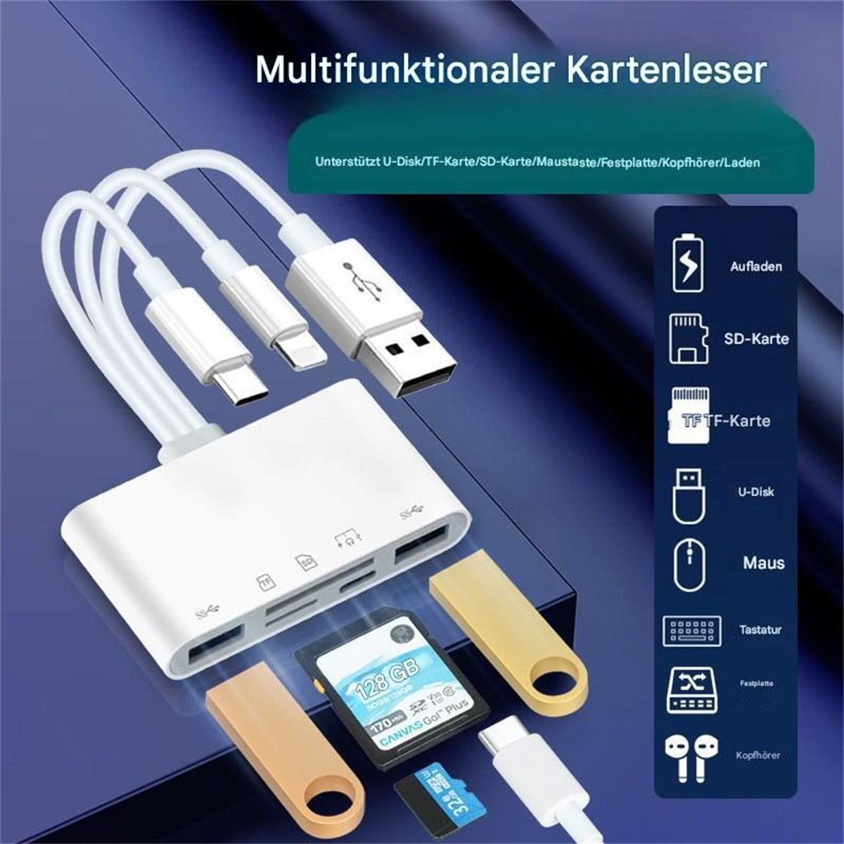 Weißer Kartenleser mit mehreren Anschlüssen und Zubehör, einschließlich USB und SD-Karte, auf blauem Hintergrund.