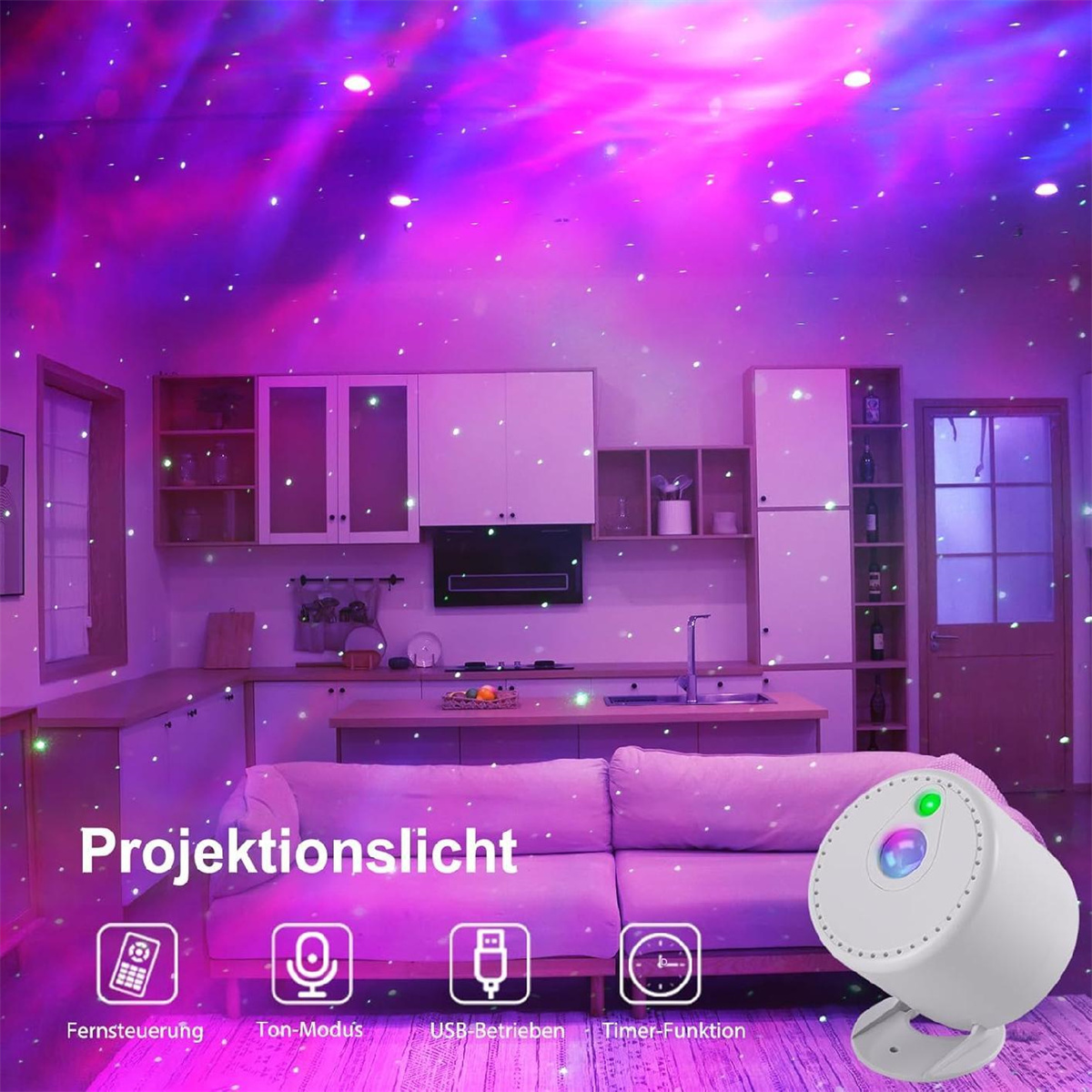Zimmer mit Projektorlicht, Sofa und Schränken. Sterne und farbenfrohe Lichter füllen den Raum. Der Projektor ist weiß.