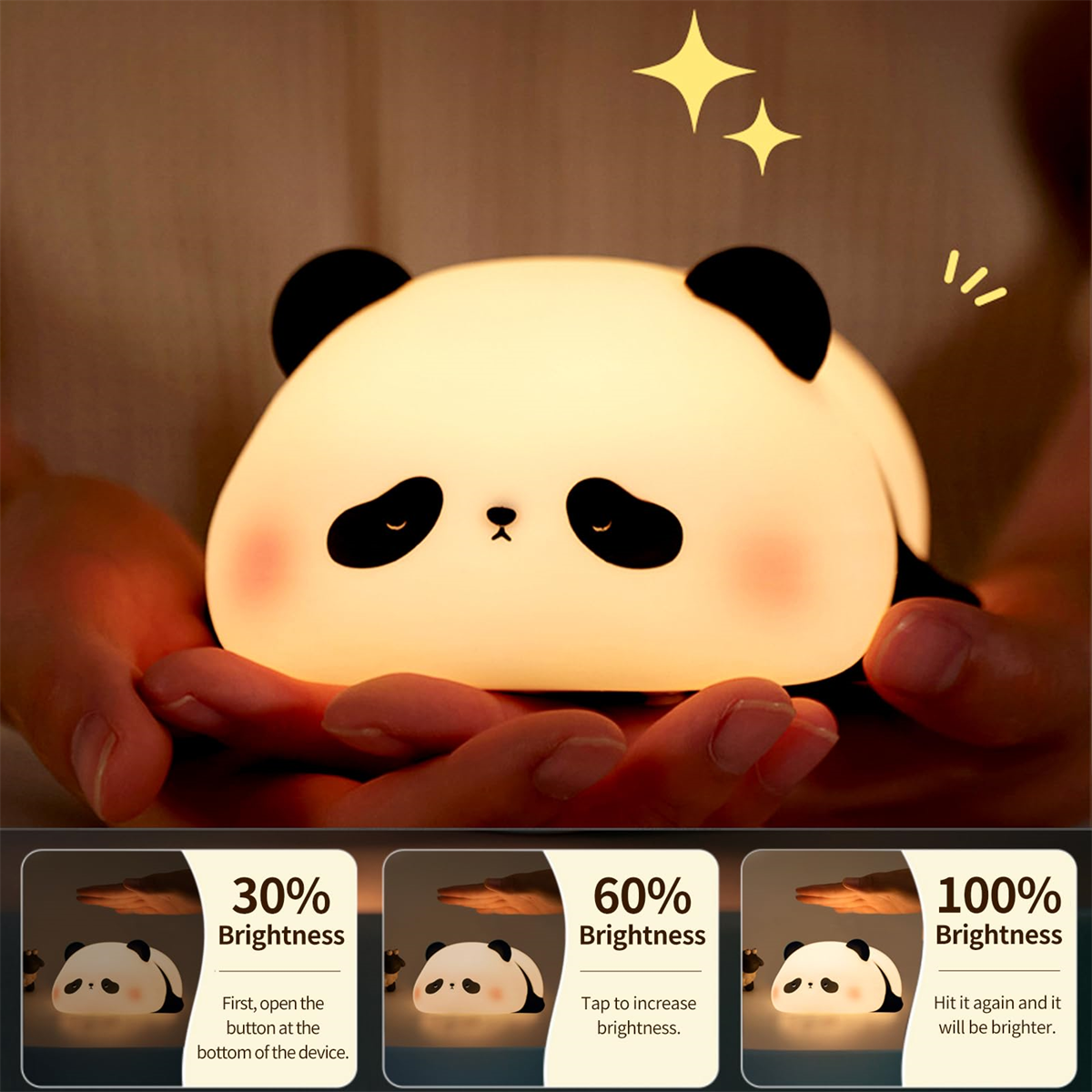 Ein panda-förmiges Nachtlicht mit Händen, die es halten, zeigt Helligkeitsoptionen: 30%, 60% und 100%.