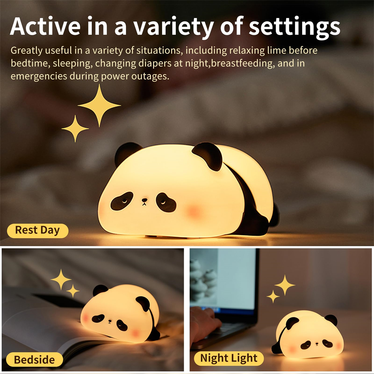 Ein Panda-Nachtlicht, gezeigt in drei Einstellungen: Ruhetag, am Bett und Nachtlicht. Gelbe Sterne.