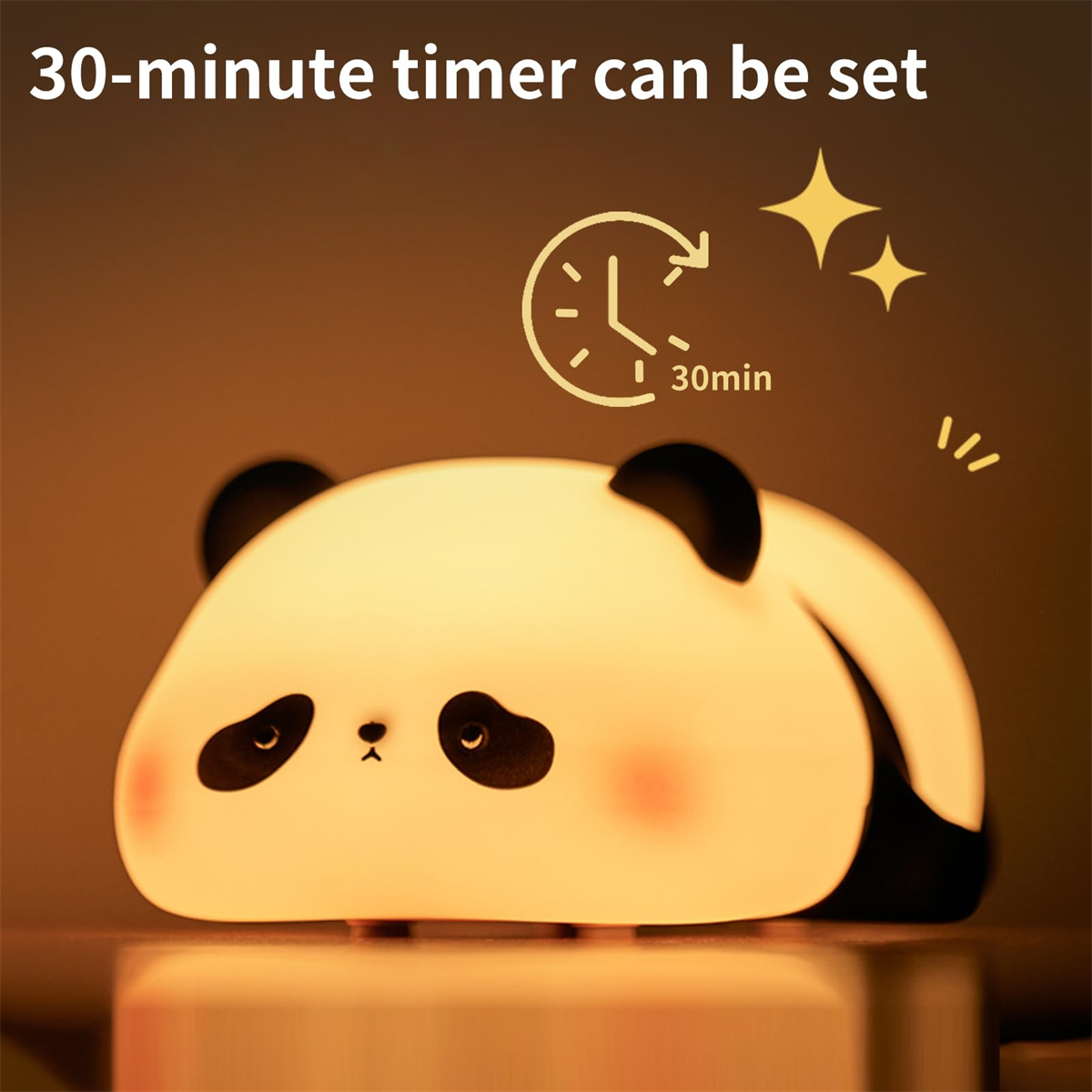 Weißes Panda-Nachtlicht mit 30-Minuten-Timer-Einstellung. Es leuchtet.