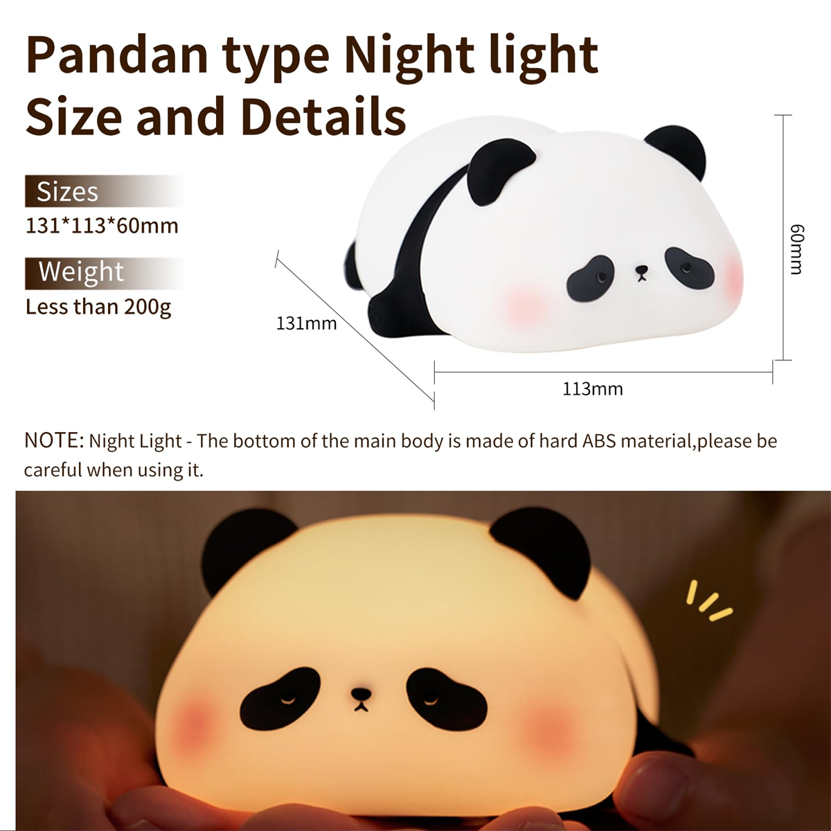 Panda-Nachtlicht. Weißer Panda mit schwarzen Ohren und Augen. Maße und Gewicht werden angezeigt.