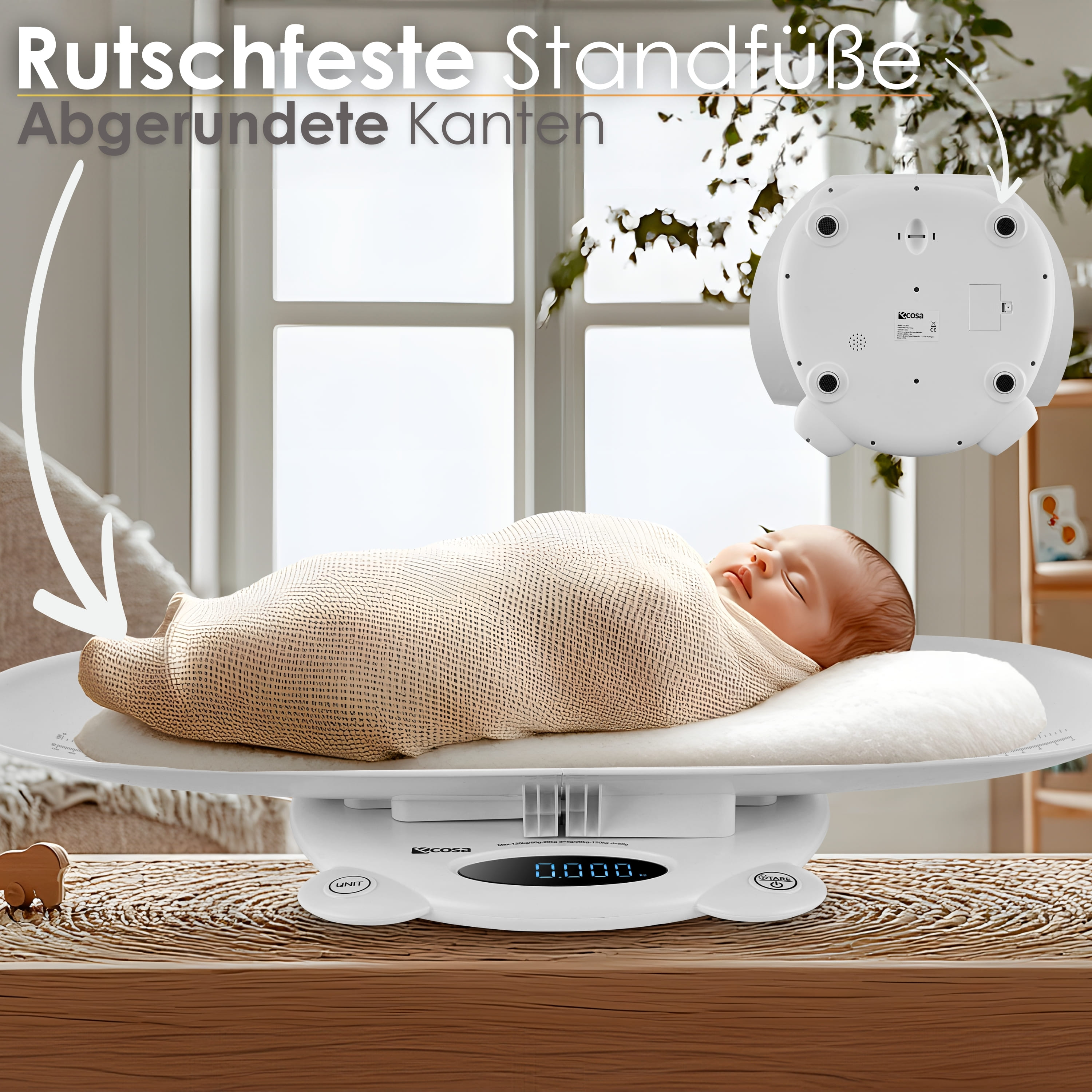 Baby schläft auf einer Waage mit weißem Hintergrund und Text.