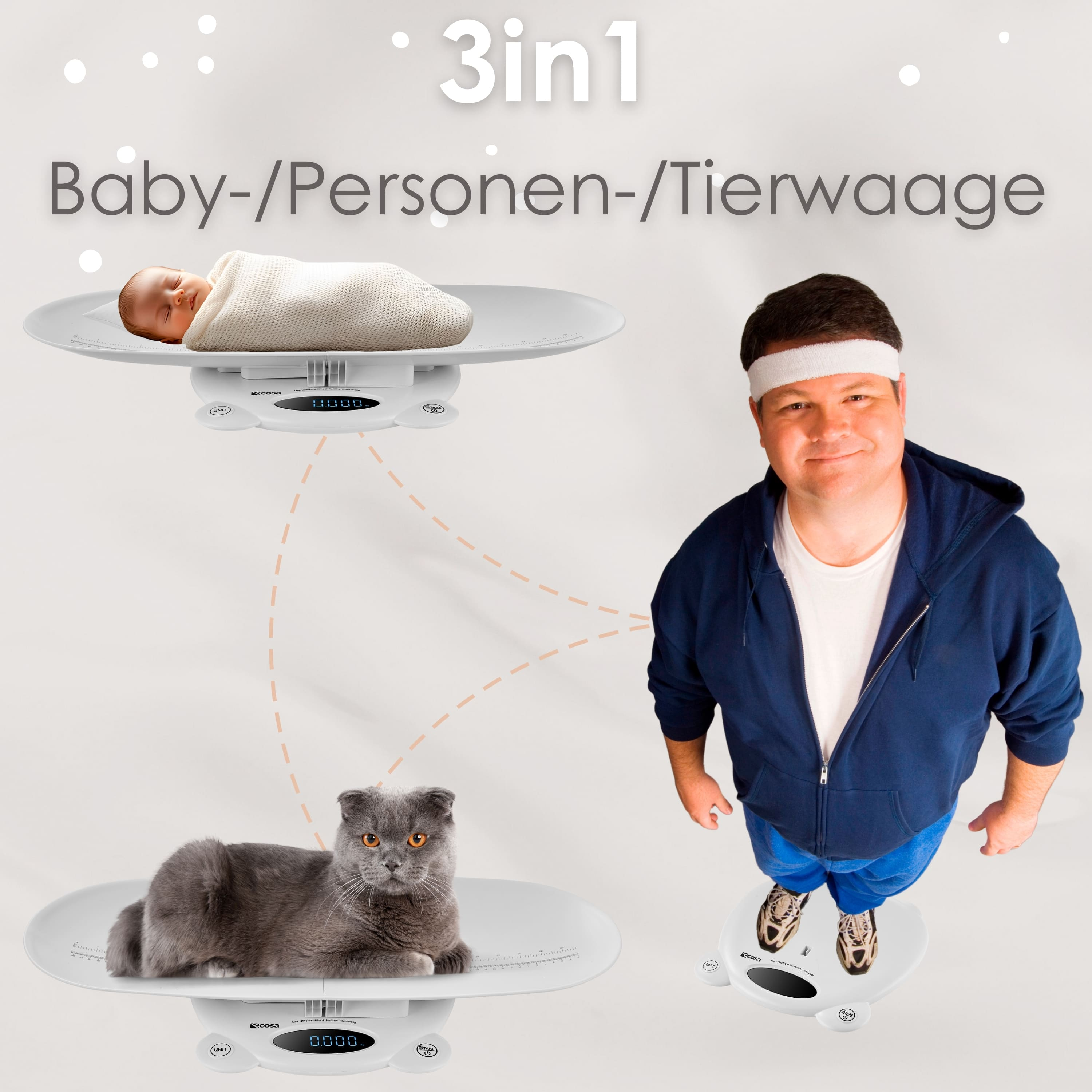 Waagen, messen Baby-, Personen- und Katzengewicht. Mann, Katze und Baby auf Waagen.