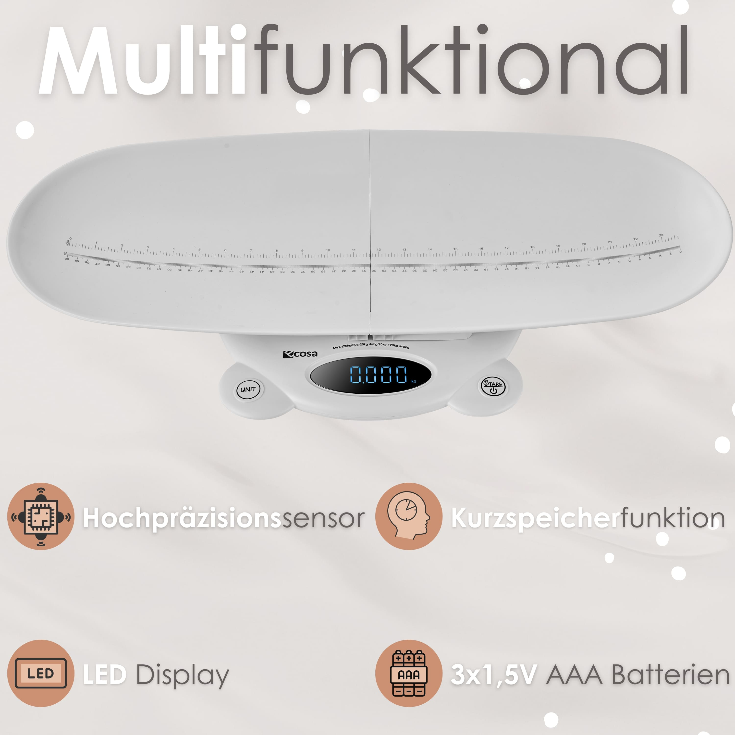 Babywaage mit Digitalanzeige, Sensor und Funktionssymbolen. Text: 'Multifunktional'.