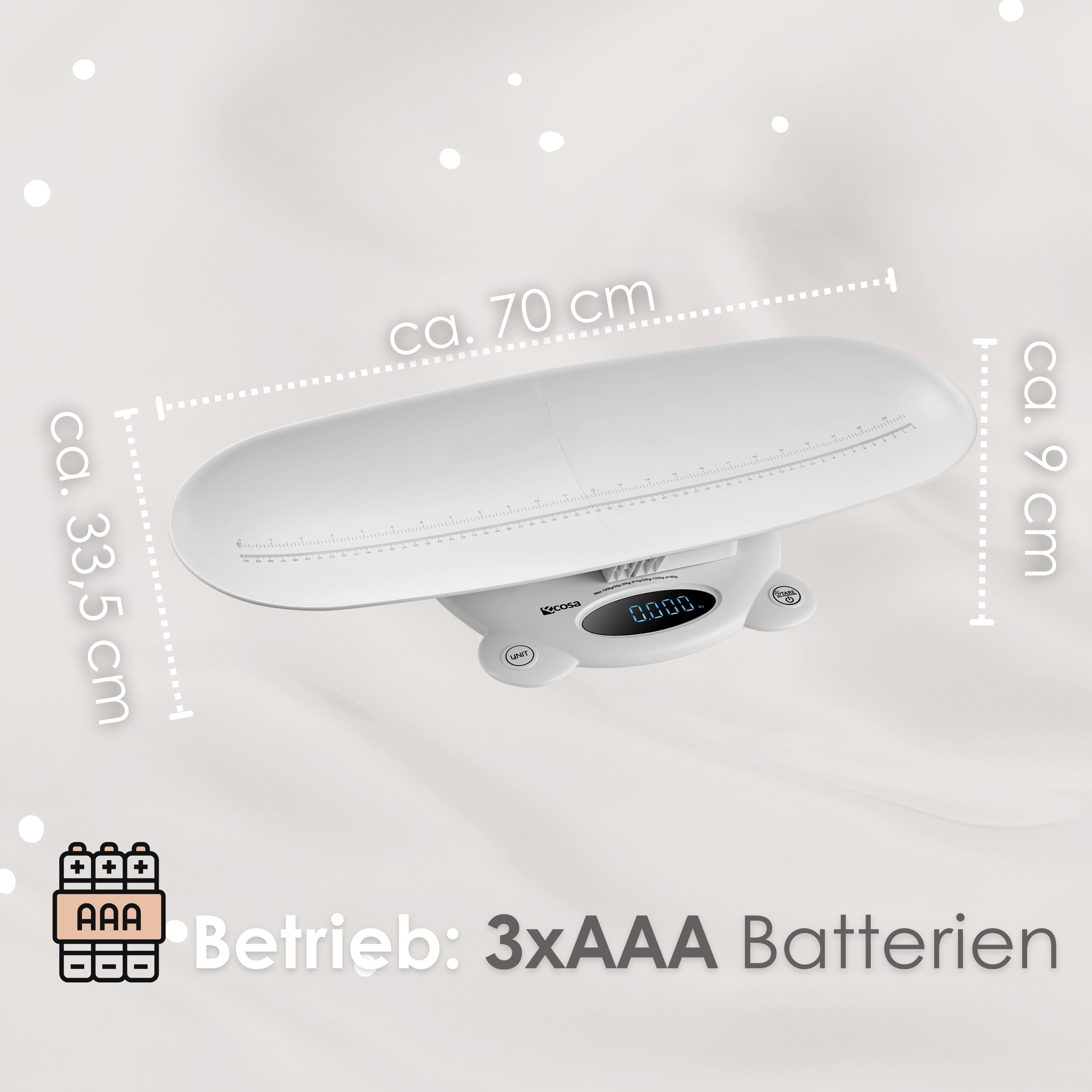 Weiße Babywaage mit Maßen. Misst 70 cm lang, 33,5 cm breit und 9 cm hoch. Benötigt 3 AAA Batterien.