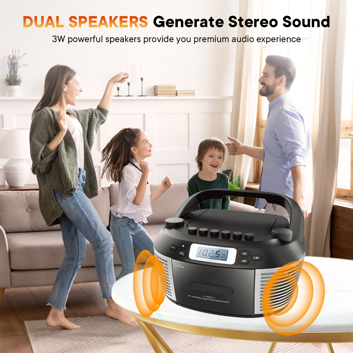 Eine Familie tanzt um eine Boombox, wobei Schallwellen von ihr ausgehen.