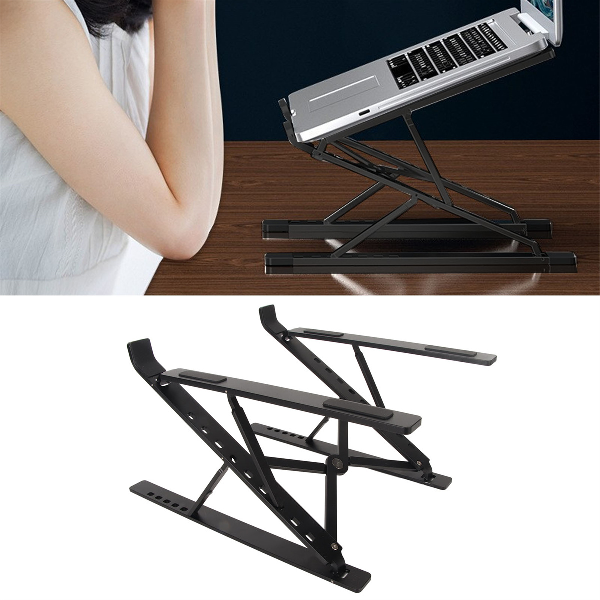 Zwei schwarze Laptopständer und ein Arm einer Person im Hintergrund.