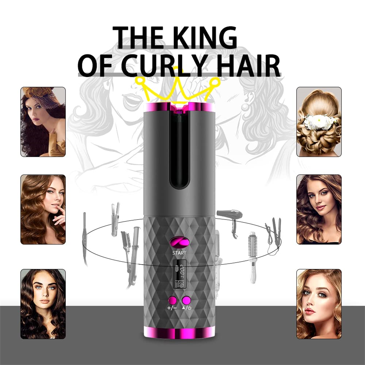 Ein Lockenstab mit dem Text „THE KING OF CURLY HAIR“. Frauen mit verschiedenen Frisuren im Hintergrund.