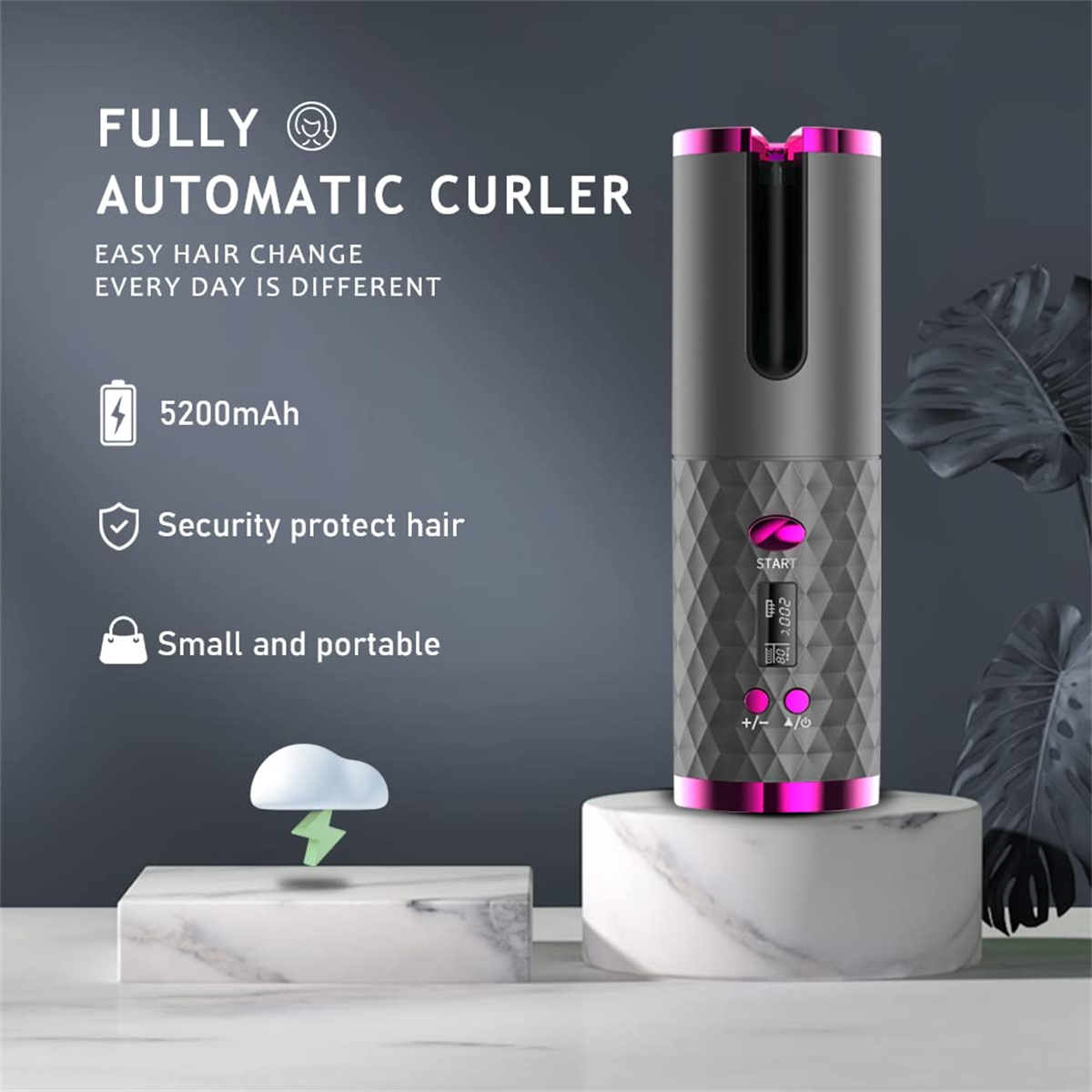 Automatischer Haarcurler, grau und rosa, mit Text und Symbolen. Schwarzer Hintergrund.