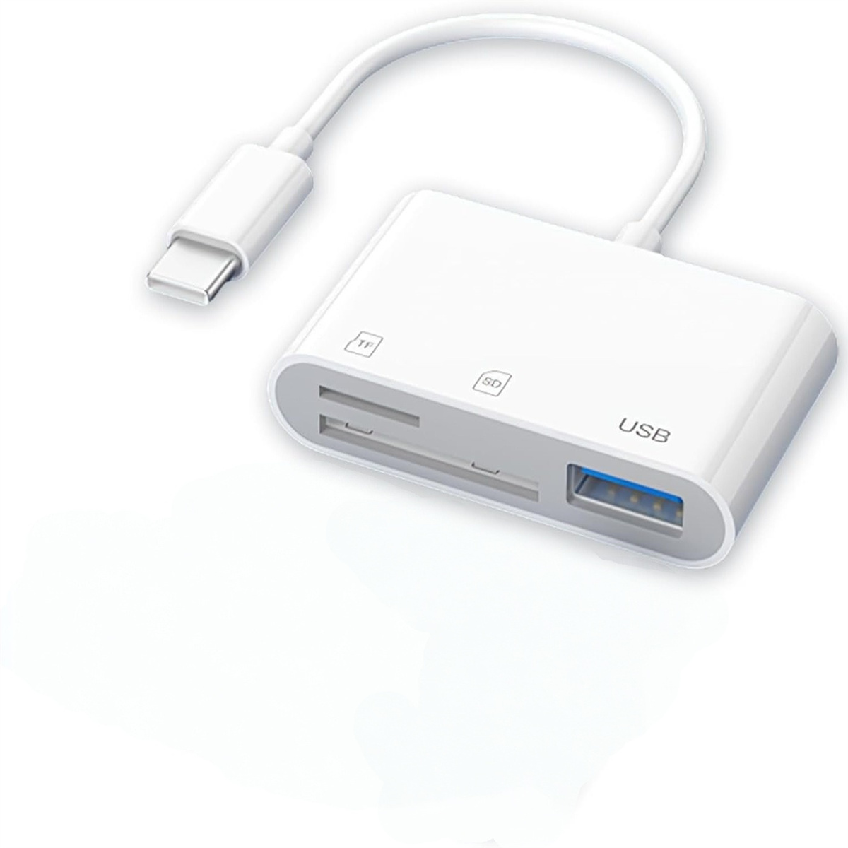 Weißer USB-Kartenleser mit USB-C-Anschluss. Er hat Steckplätze für TF- und SD-Karten und einen USB-Anschluss.