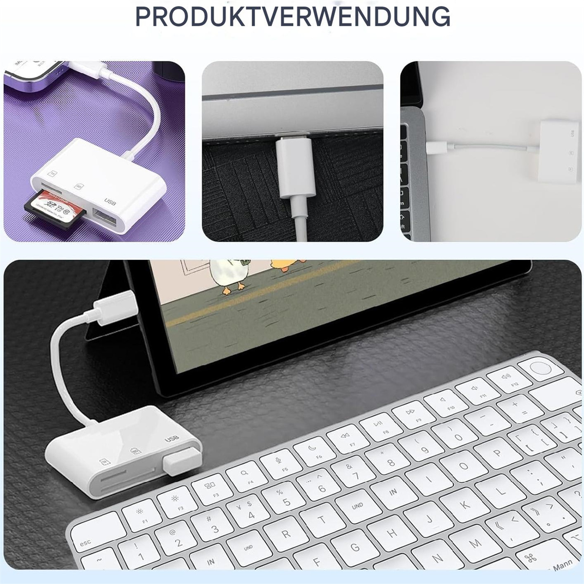 Ein weißer Kartenleser ist mit einem Laptop, einem Tablet und einer Tastatur verbunden.