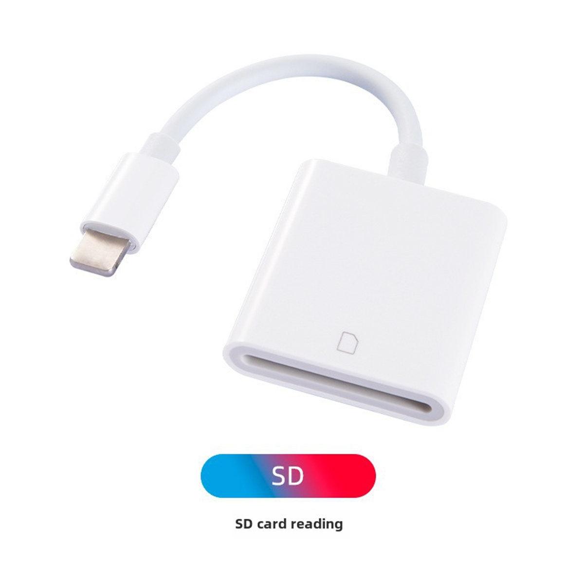 Weißer SD-Kartenleser mit USB-C-Anschluss. Der Kartensteckplatz ist sichtbar, mit blauem und rotem Etikett.