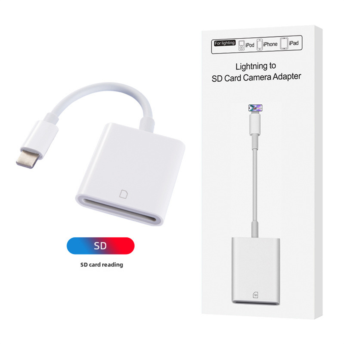 Weißer Lightning-zu-SD-Kartenadapter und -Box. SD-Kartenlogo in Rot und Blau.