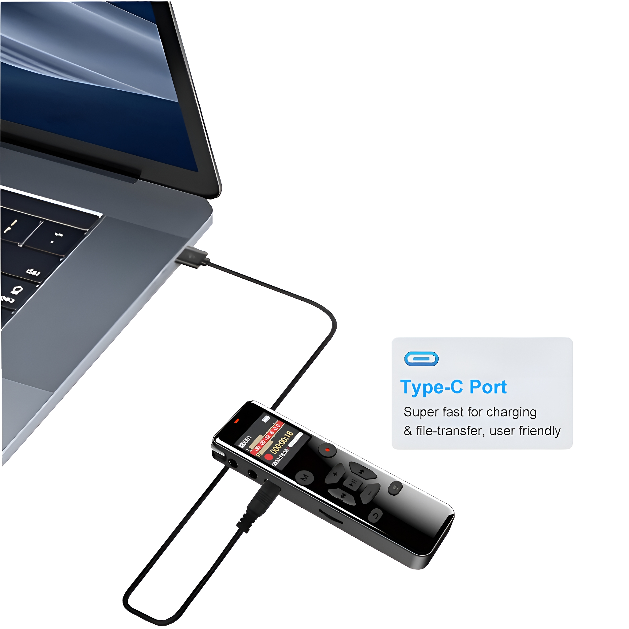 Ein schwarzes Diktiergerät, das über ein USB-Kabel mit einem Laptop verbunden ist. Text: Typ-C-Anschluss, superschnelles Laden und Dateiübertragung.