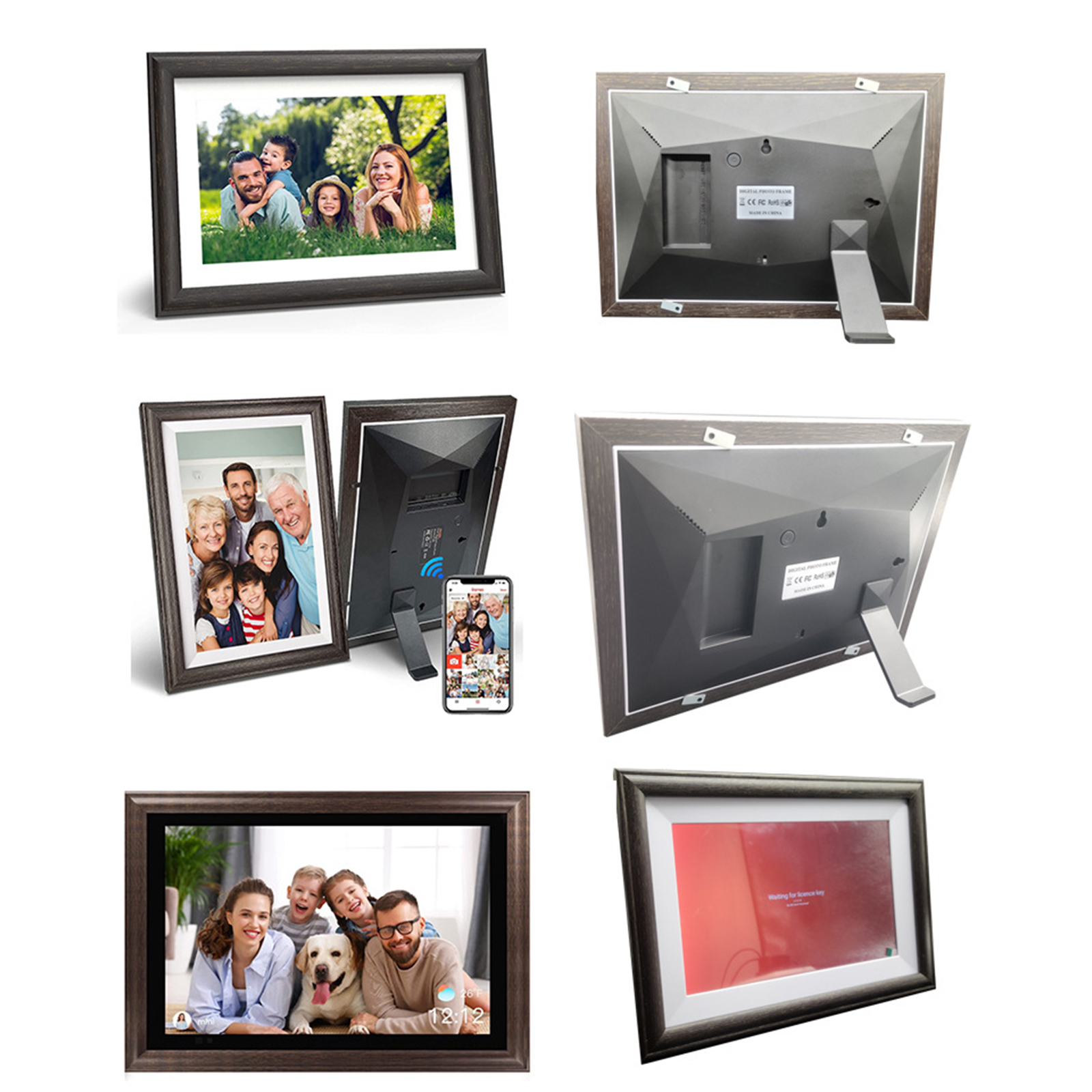 Mehrere Bilder eines digitalen Fotorahmens, Vorder- und Rückseite und ein Telefon zeigend.