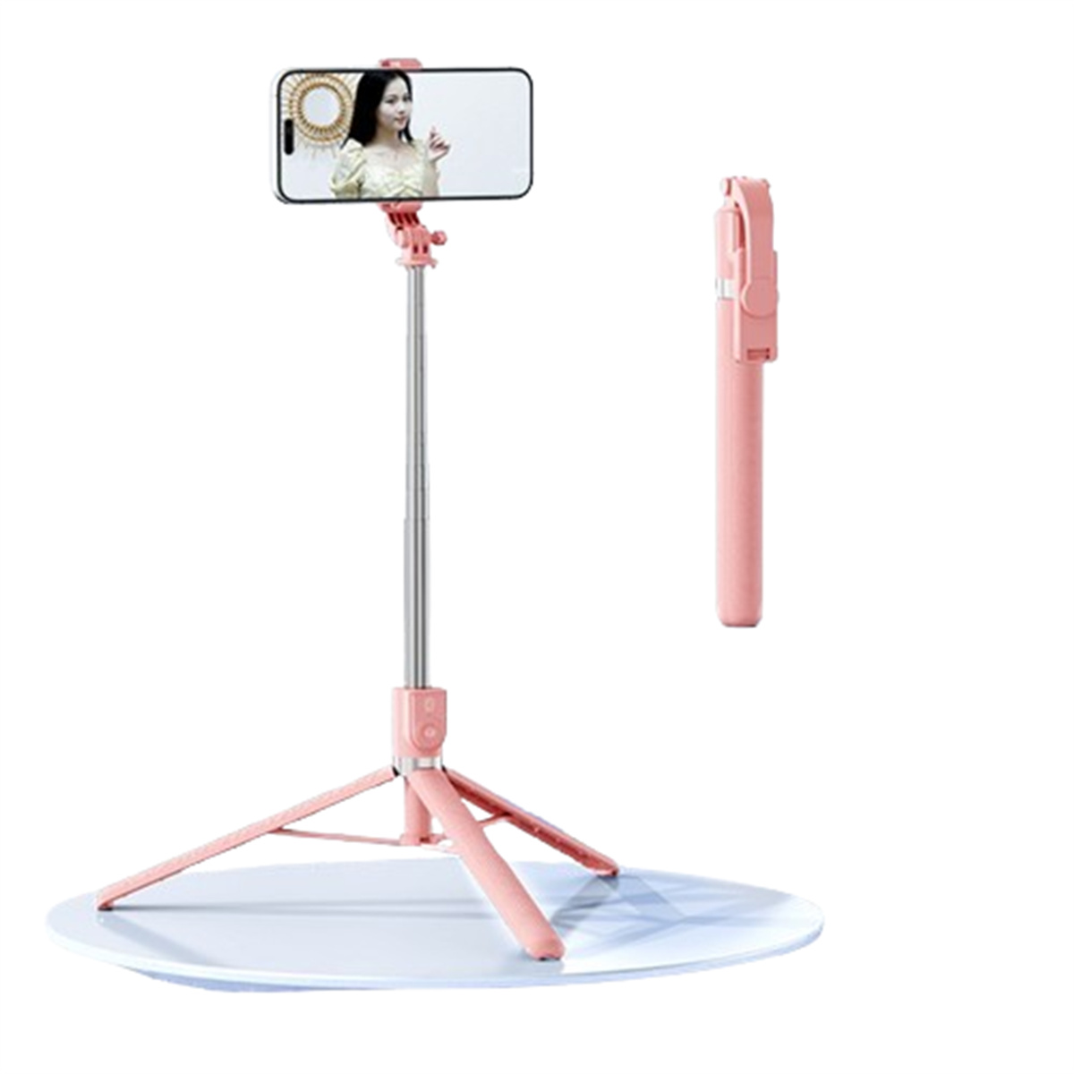 Ein rosa Selfie-Stick mit einem Telefon, ausgefahren, und eine Frau ist auf dem Bildschirm sichtbar.