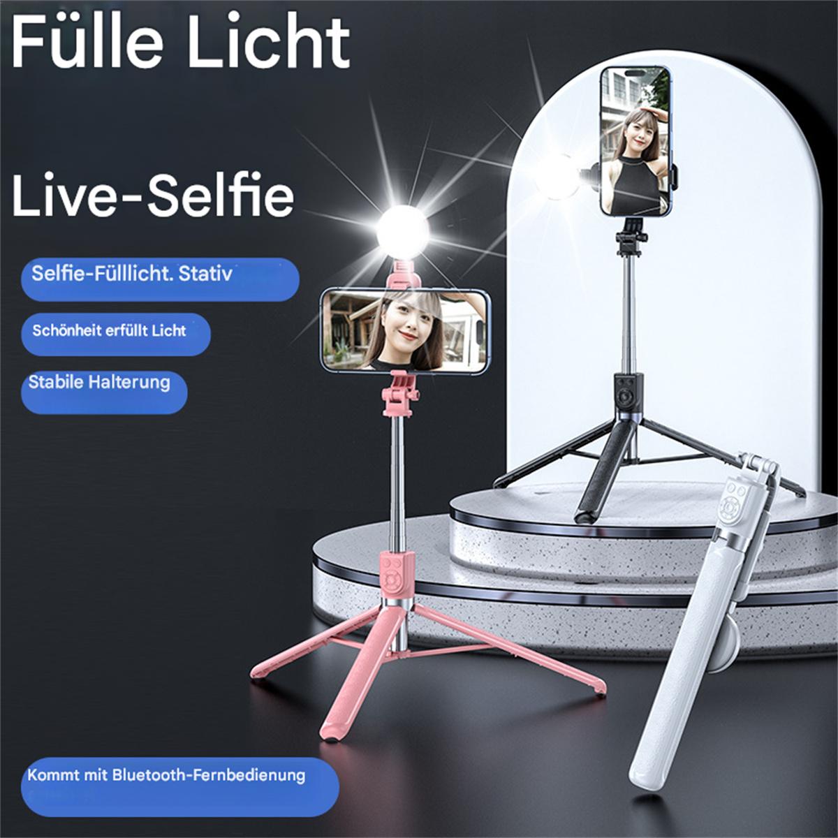 Ein Selfie-Stick mit einem Telefon und einem Licht. Der Hintergrund ist dunkelblau.