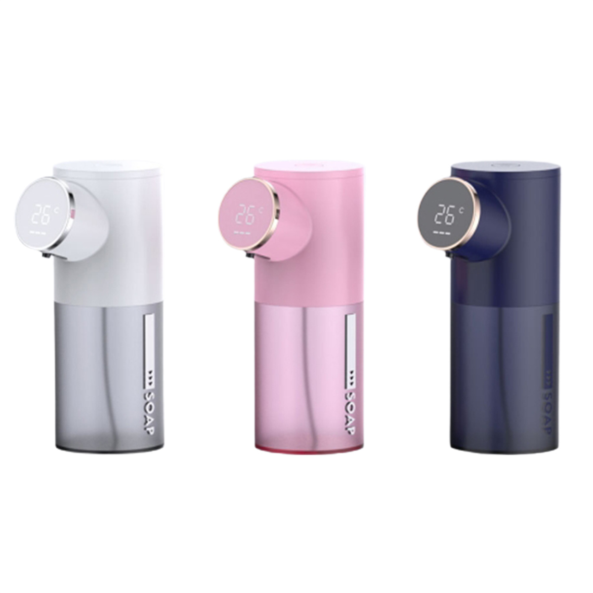 Drei automatische Seifenspender. Weiß, rosa und blau mit digitaler Temperaturanzeige. Moderne Badezimmeraccessoires.