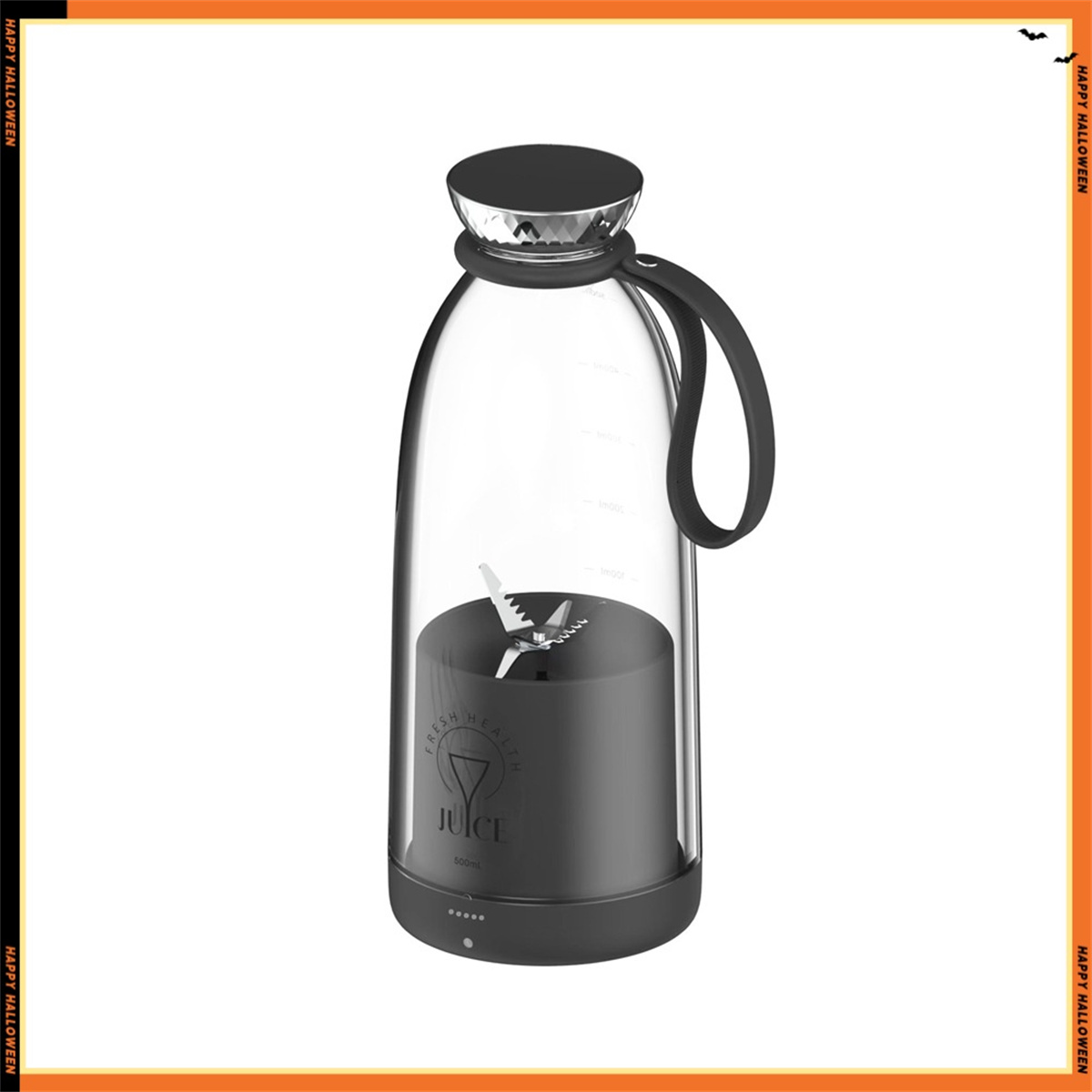 Ein schwarzer und klarer Mixer mit schwarzem Griff, Klingen und schwarzem Sockel. Halloween-Thema.