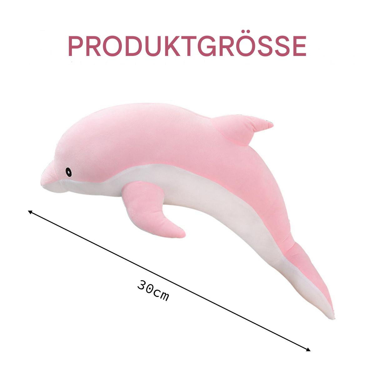 Rosa Delphin-Plüschtier mit weißem Bauch, gemessen 30 cm.