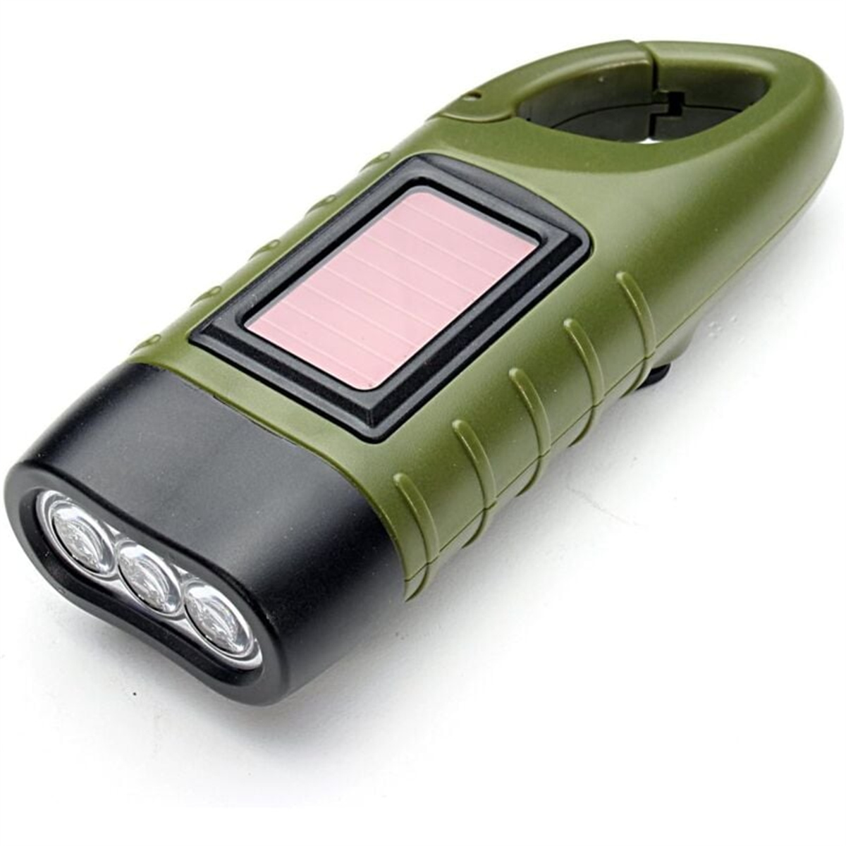 Grüne Taschenlampe mit schwarzer Front und Solarpanel. Sie hat eine Aufhängeschlaufe.