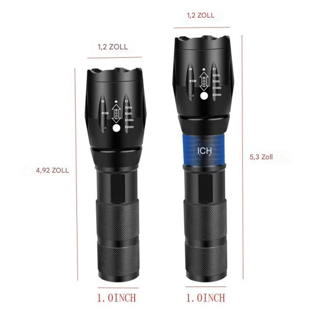 Zwei schwarze Taschenlampen mit Maßangaben, die Länge und Breite zeigen, sowie die Einstellungsoptionen oben.