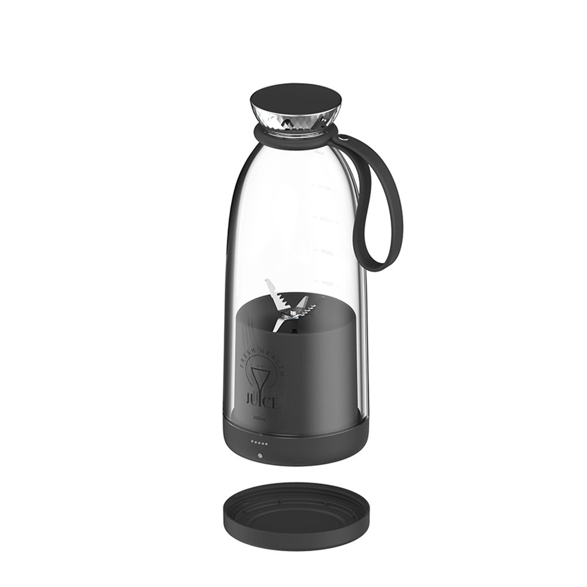 Tragbarer Mixer mit schwarzem Sockel und klarer Flasche. Der Sockel hat Knöpfe und einen offenen Deckel.