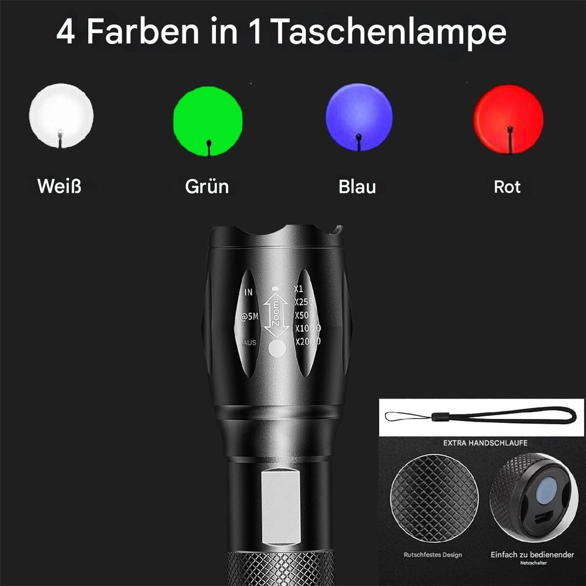Schwarze Taschenlampe mit vier farbigen Lichtoptionen: Weiß, Grün, Blau und Rot.