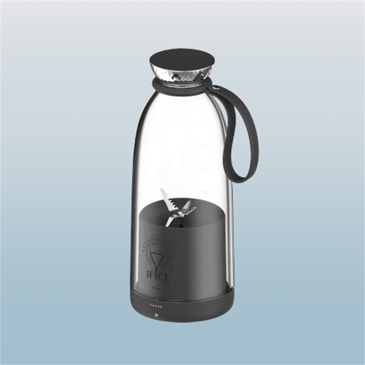 Schwarzer und transparenter Mixer. Silberne Klingen innen. Schwarzer Deckel. Hintergrund: hellblauer Farbverlauf.
