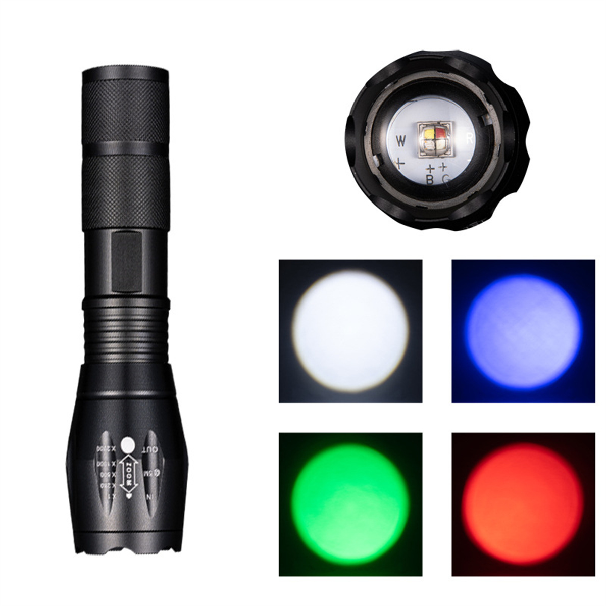 Eine schwarze Taschenlampe mit weißen, blauen, grünen und roten Lichtstrahlen und eine Ansicht der Lampe.