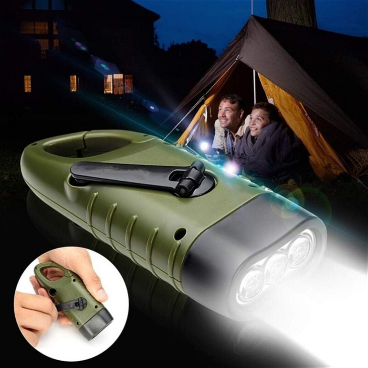 Handliche Taschenlampe mit Personen in einem Zelt bei Nacht.