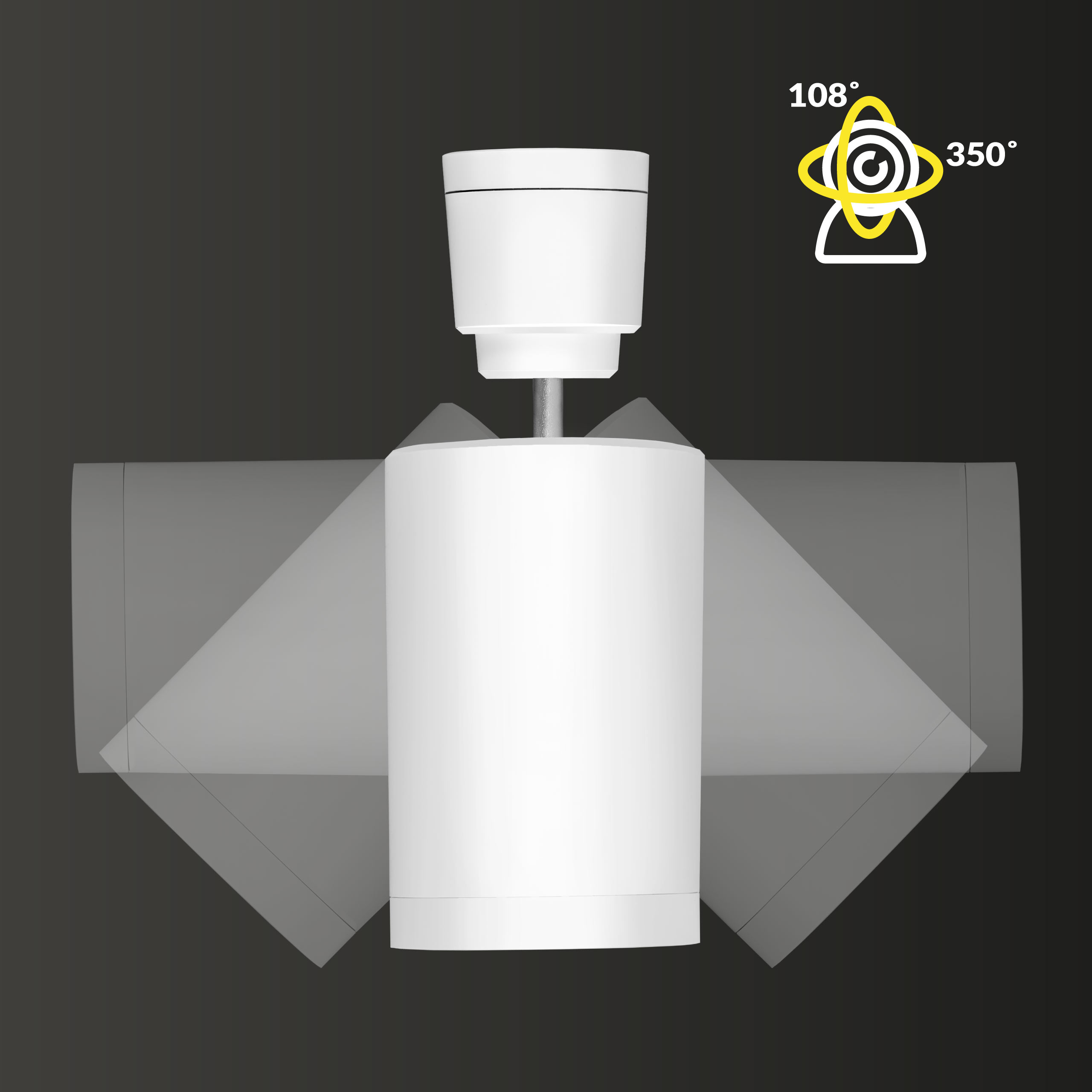 Wentylator sufitowy z rozłożonymi łopatkami. Wentylator jest biały, a tło ciemnoszare. Pokazuje 108 i 350 stopni.