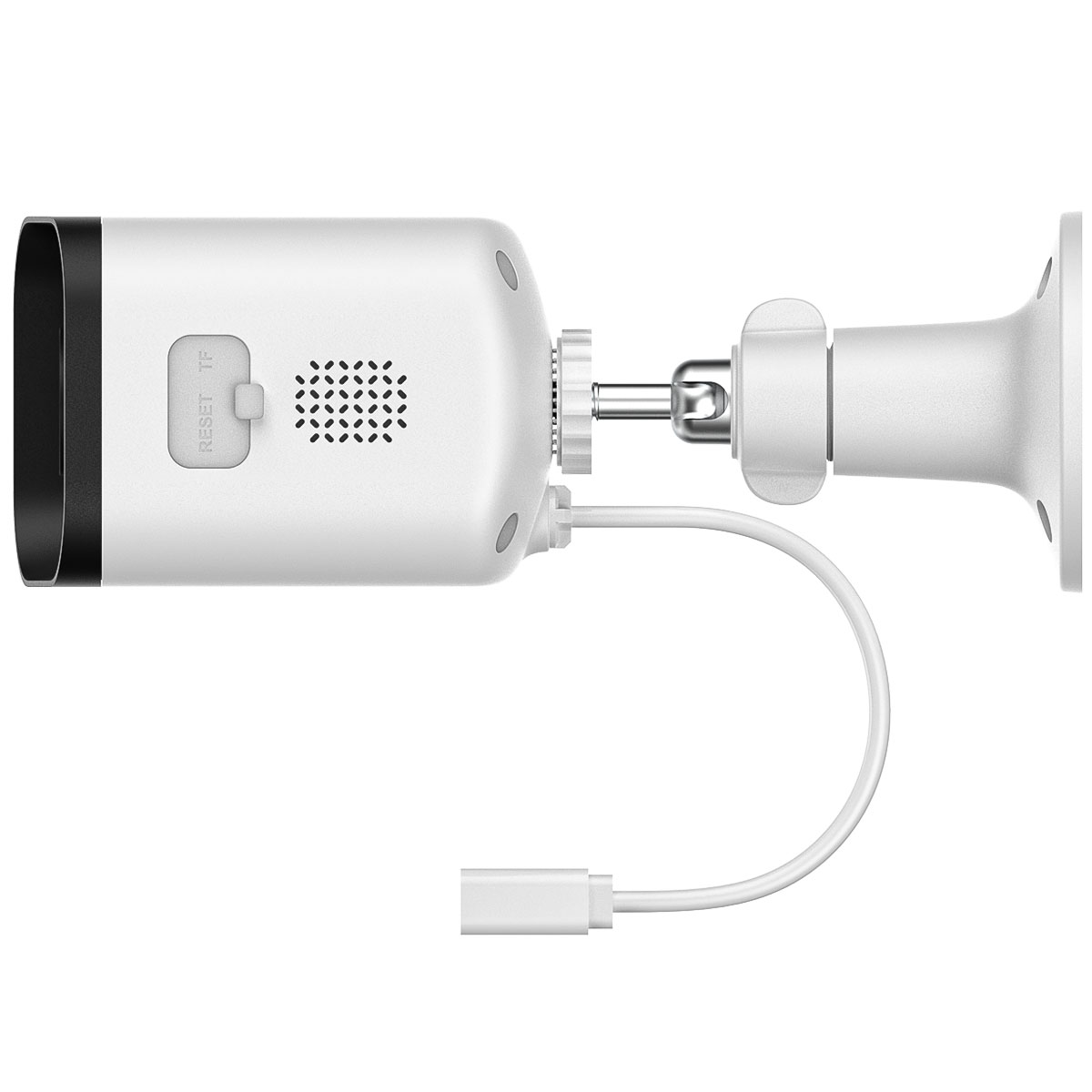 Weiße Überwachungskamera mit Kabel und Halterung auf weißem Hintergrund.