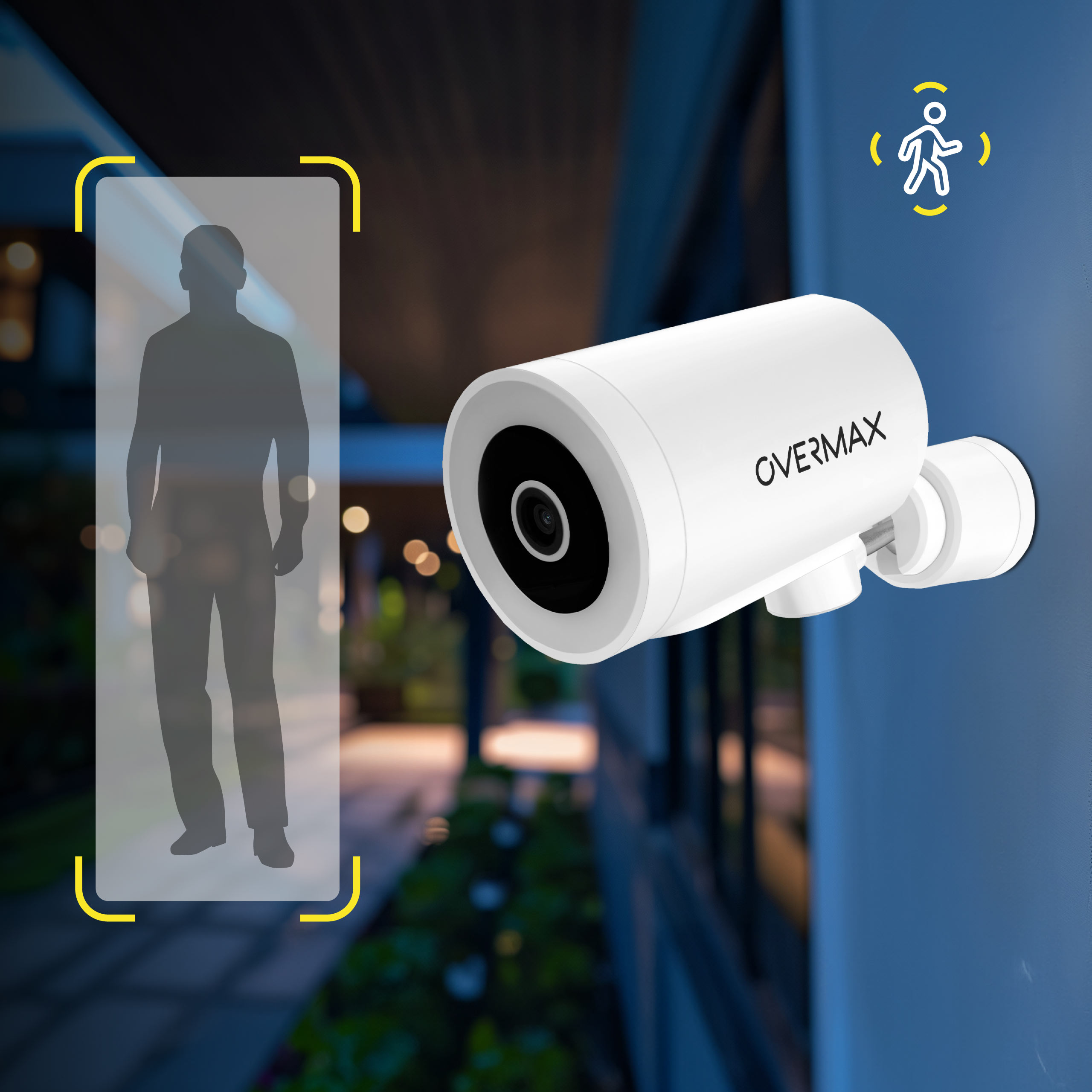 Biała kamera bezpieczeństwa na ścianie. Sylwetka wskazuje strefę wykrywania osoby.