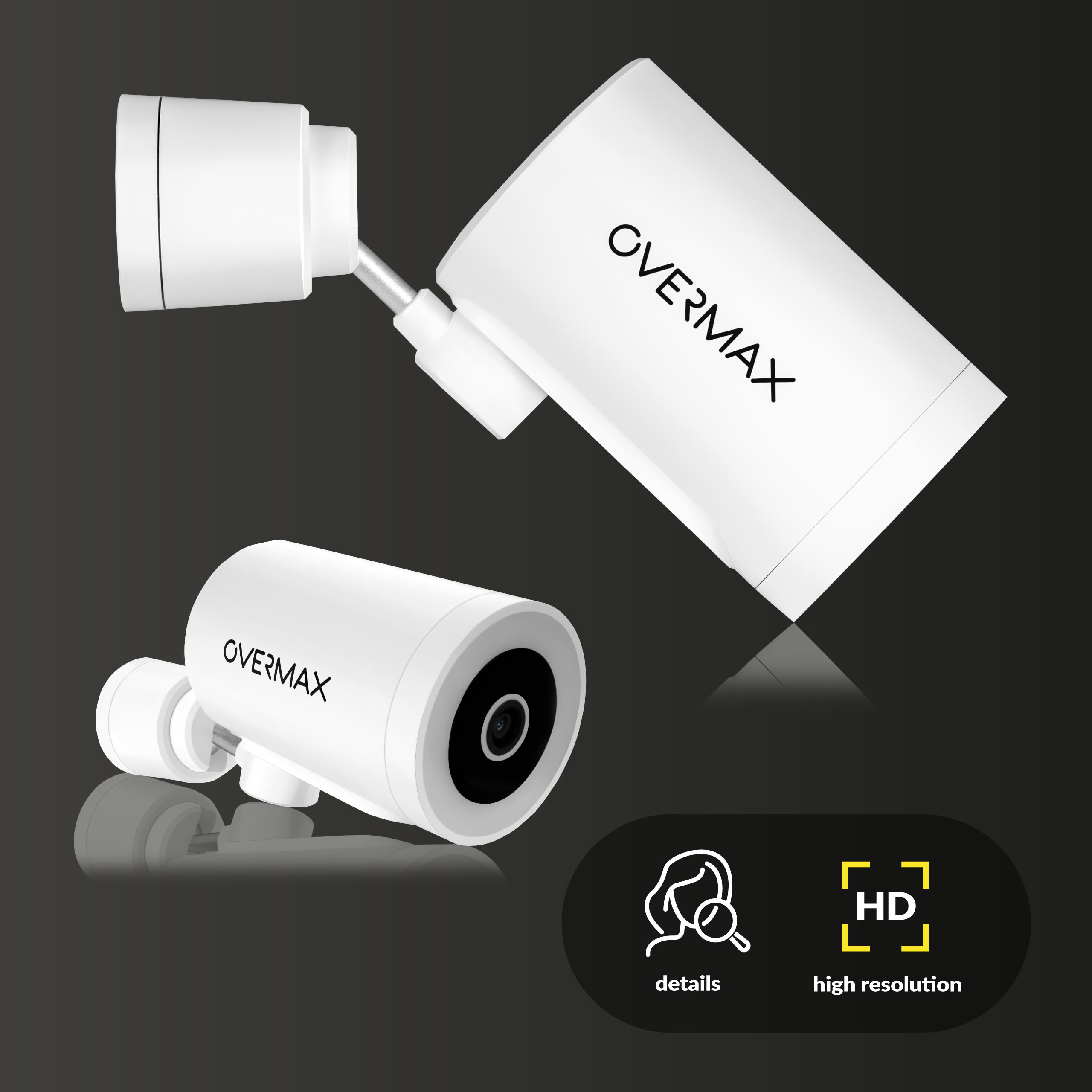 Dwie białe kamery bezpieczeństwa OVERMAX, jedna pod kątem, a druga na ziemi. Szczegóły i ikony wysokiej rozdzielczości.