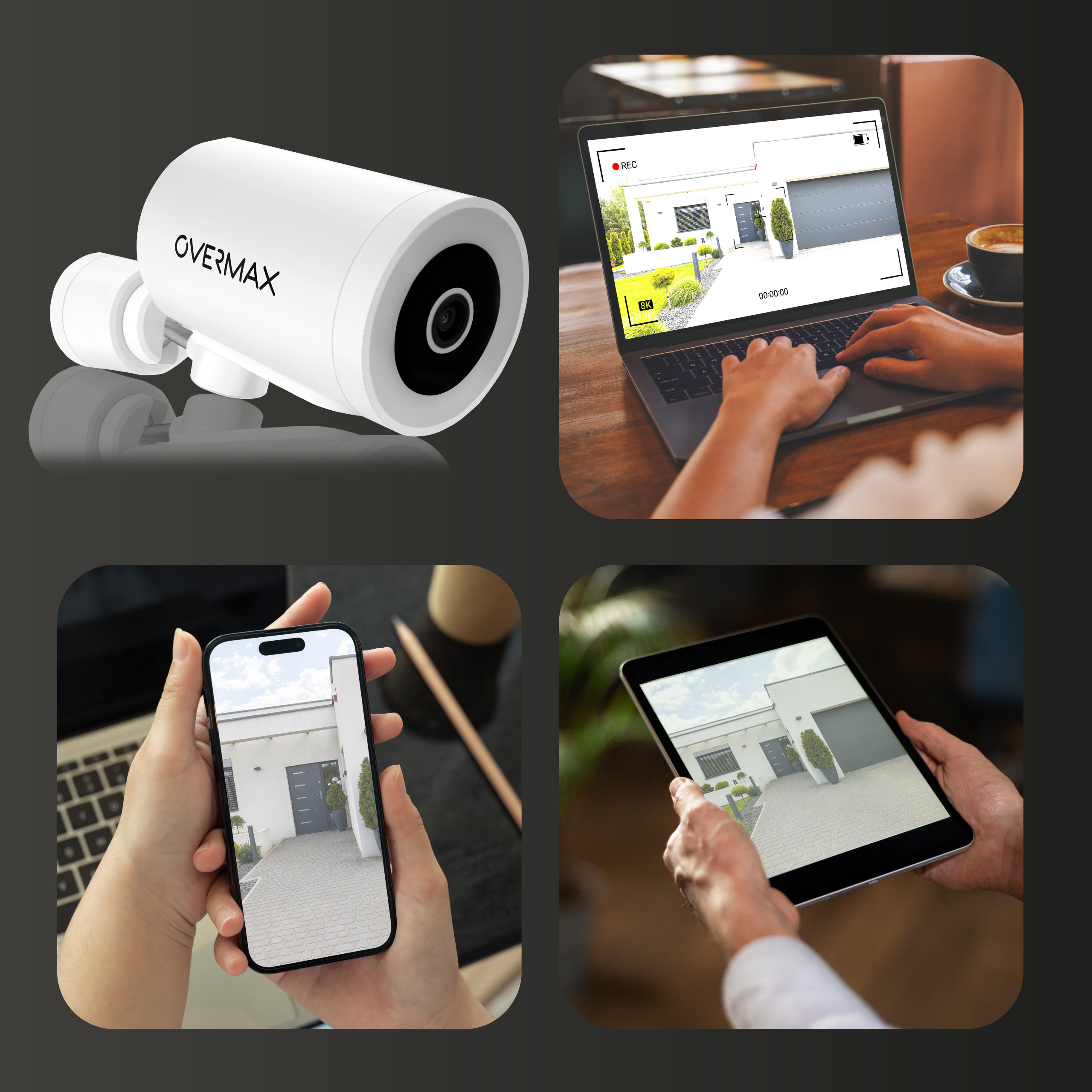 Kamera bezpieczeństwa Overmax i wiele ekranów pokazujących dom. Używane są laptop, telefon i tablet.