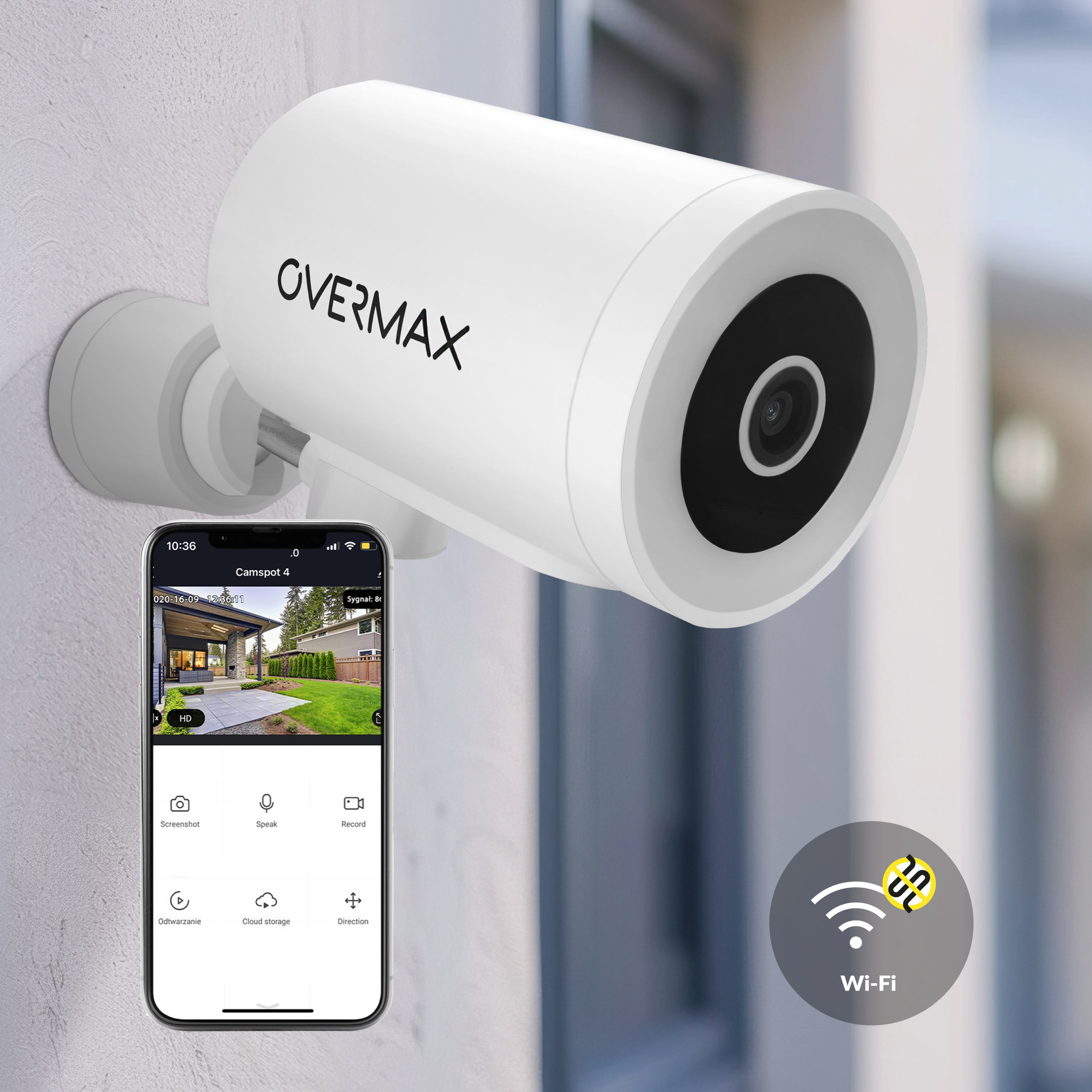 Biała kamera bezpieczeństwa zamontowana na ścianie. Telefon pokazuje transmisję na żywo. Widoczny symbol Wi-Fi i dom.