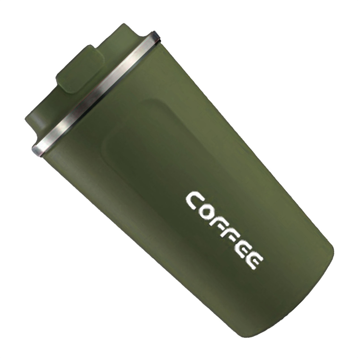 Ein olivgrüner Reisebecher mit dem Aufdruck "COFFEE".