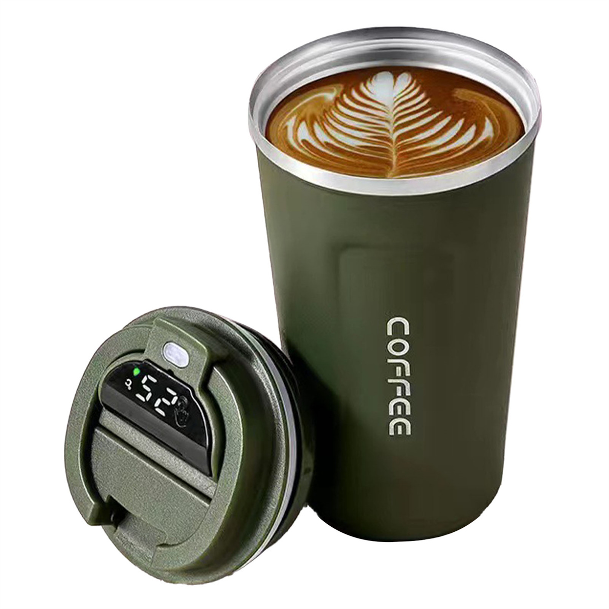 Grüner Kaffeebecher mit Deckel, der die Temperatur anzeigt. Er hat Latte Art oben drauf.