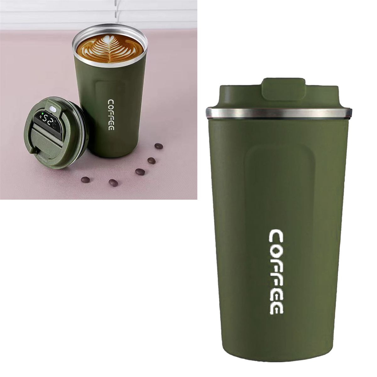 Zwei grüne Reisebecher mit Kaffee. Einer ohne Deckel und Kaffeebohnen.