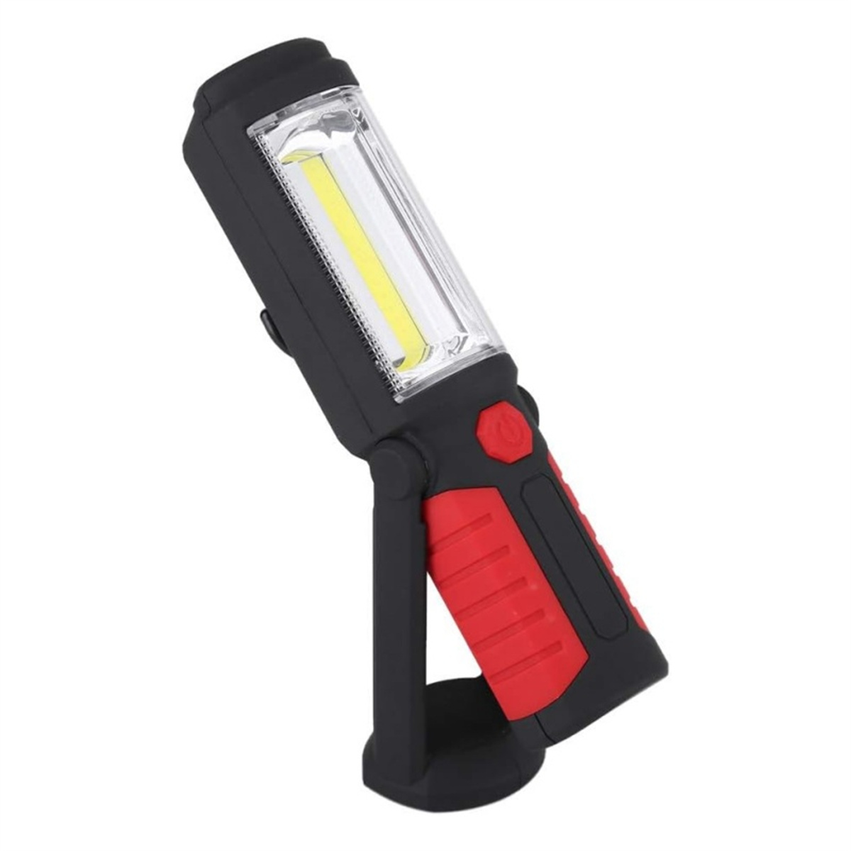 Schwarze und rote Taschenlampe mit einer langen, rechteckigen Lichtfläche und rotem Griff.