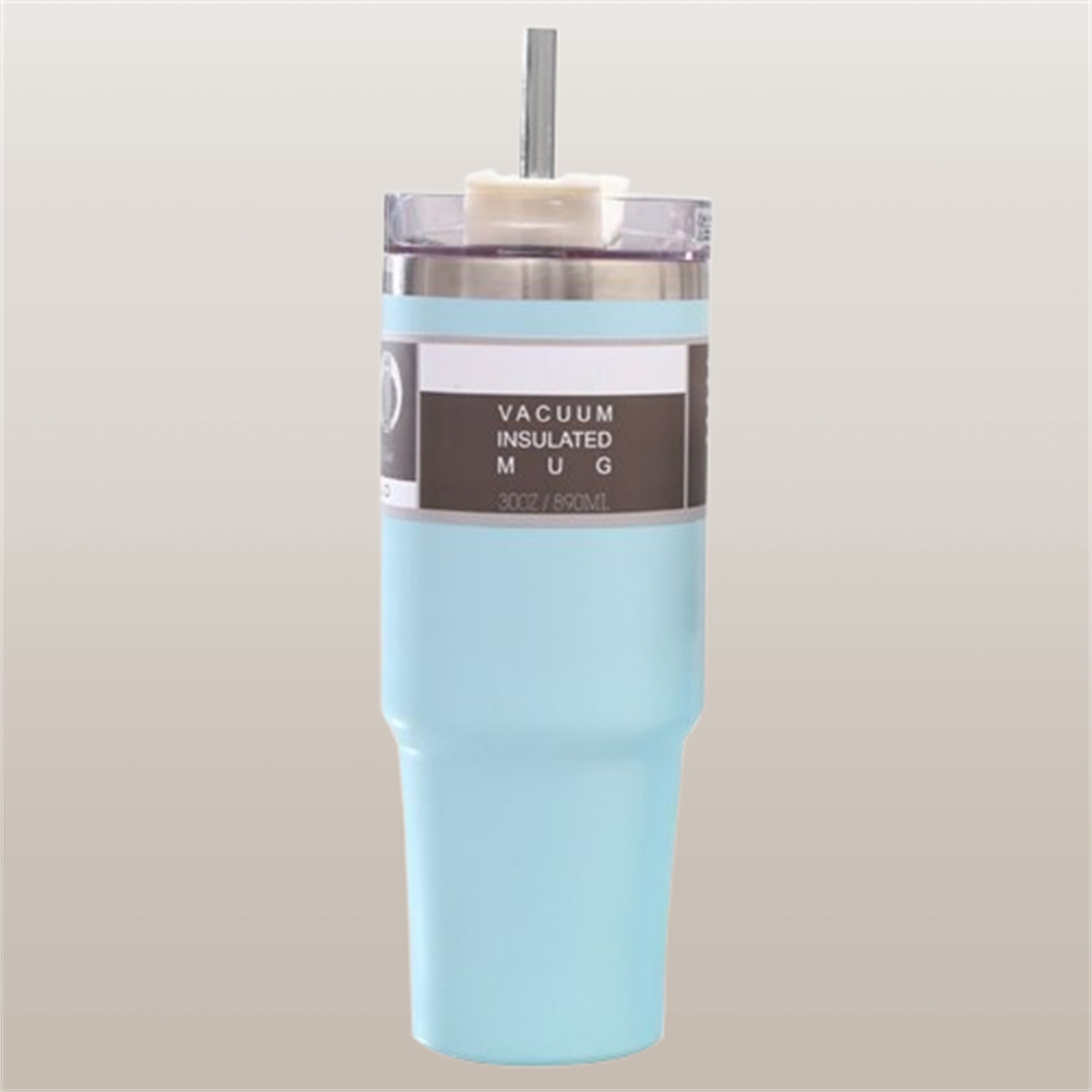Ein hellblaues vakuumisoliertes Becher mit Deckel und Etikett.