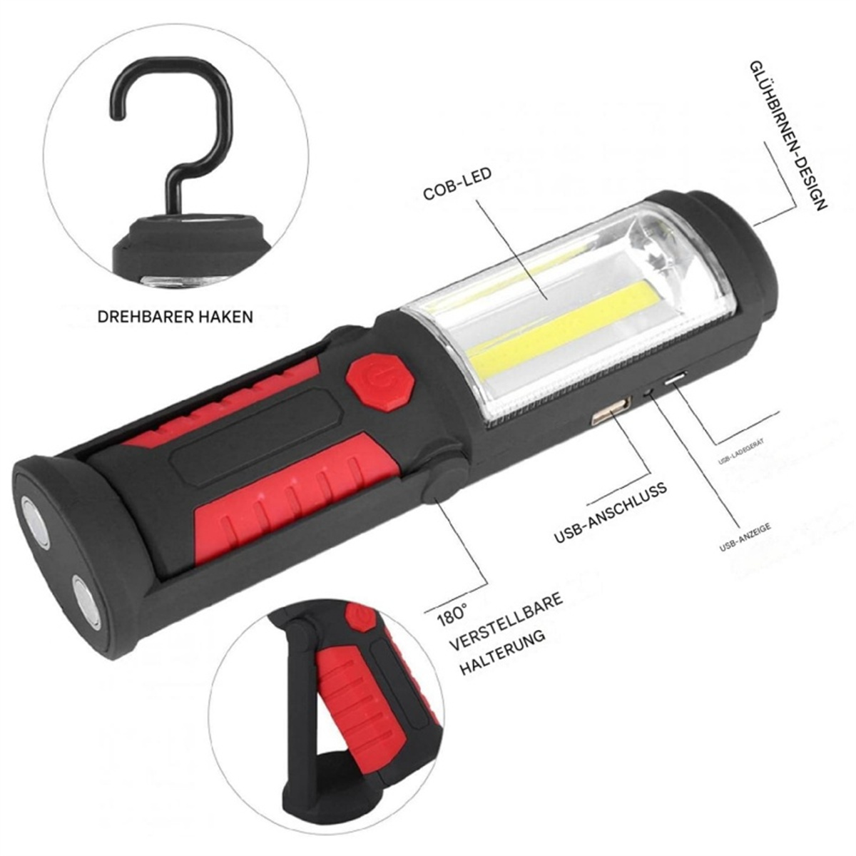 Schwarz-rote Taschenlampe mit USB-Anschluss, Knöpfen und Haken.