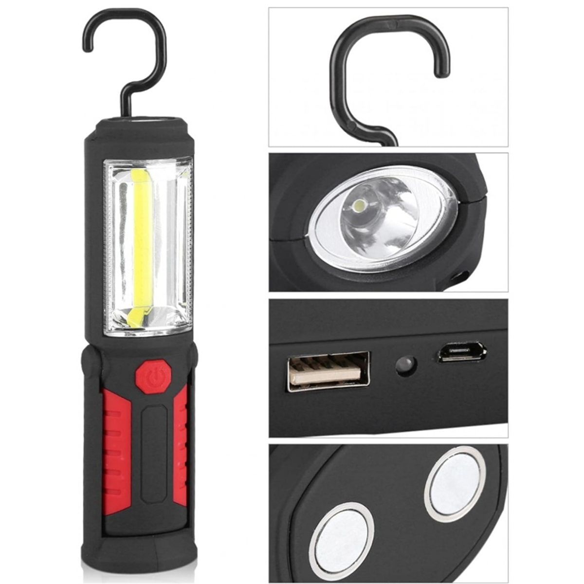 Schwarze und rote wiederaufladbare LED-Arbeitsleuchte mit Haken und Details.